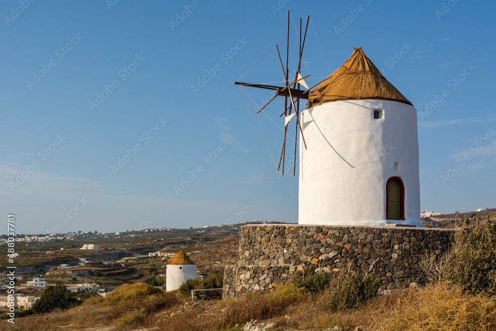 Santorini old windmill in Emporio village. Cyclades Islands, Greece