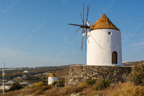 Santorini old windmill in Emporio village. Cyclades Islands, Greece