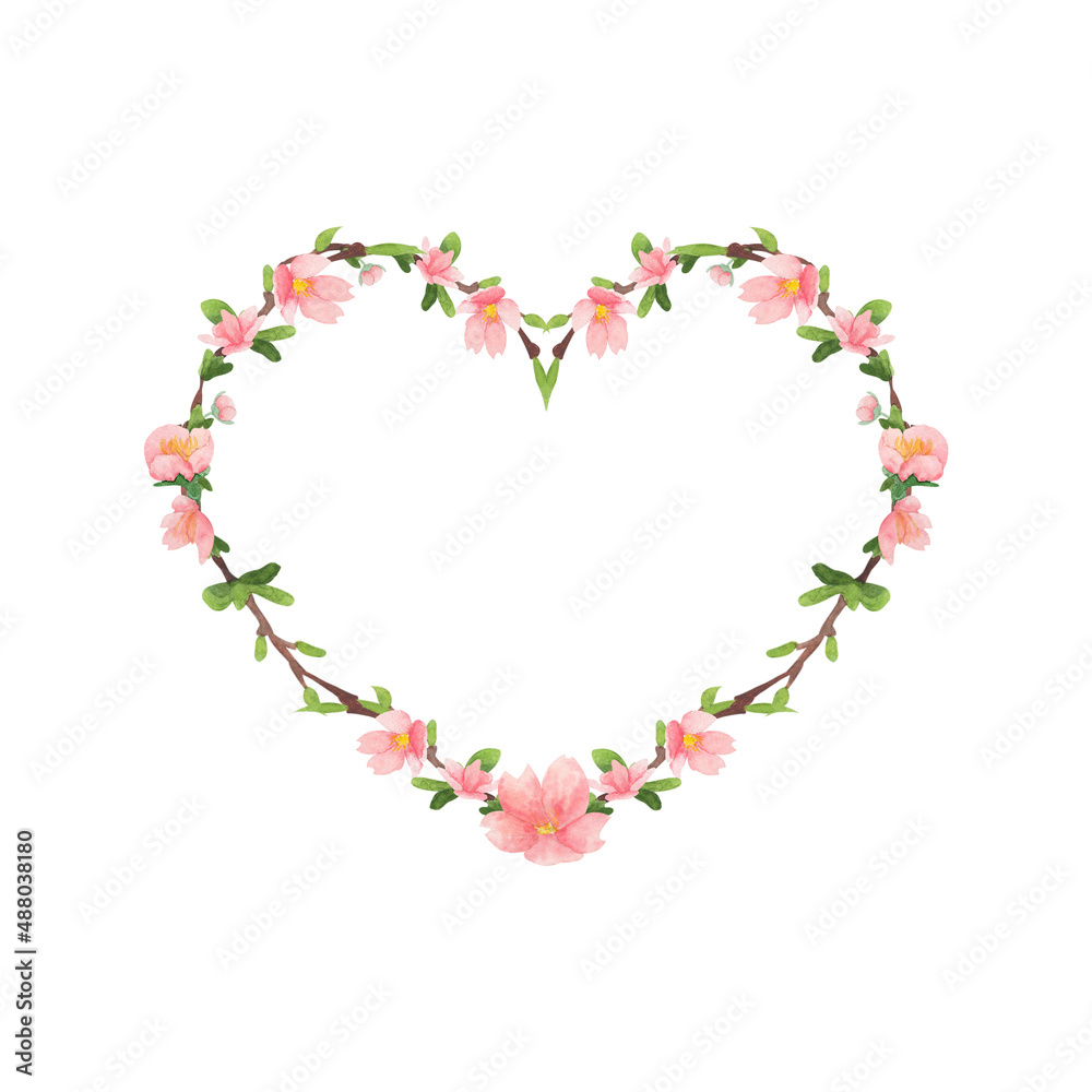 Cherry blossom watercolor heart frame on white background with place for text