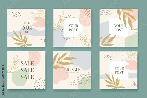 Set of Sale Post Social Media pack Template premium vector, organic design in pastel colors. Stylish posts. Editable templates with space for text. Vector Illustration