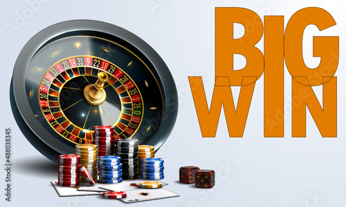  Vector gambling illustration.Casino illustration with roulette wheel, playing chips, dice, poker cards on white background.  Vector illustration banner with symbol victory for casino.