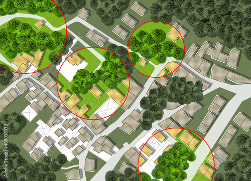 Census of trees in cities - green management and tree mapping concept with imaginary city map with highlighted trees