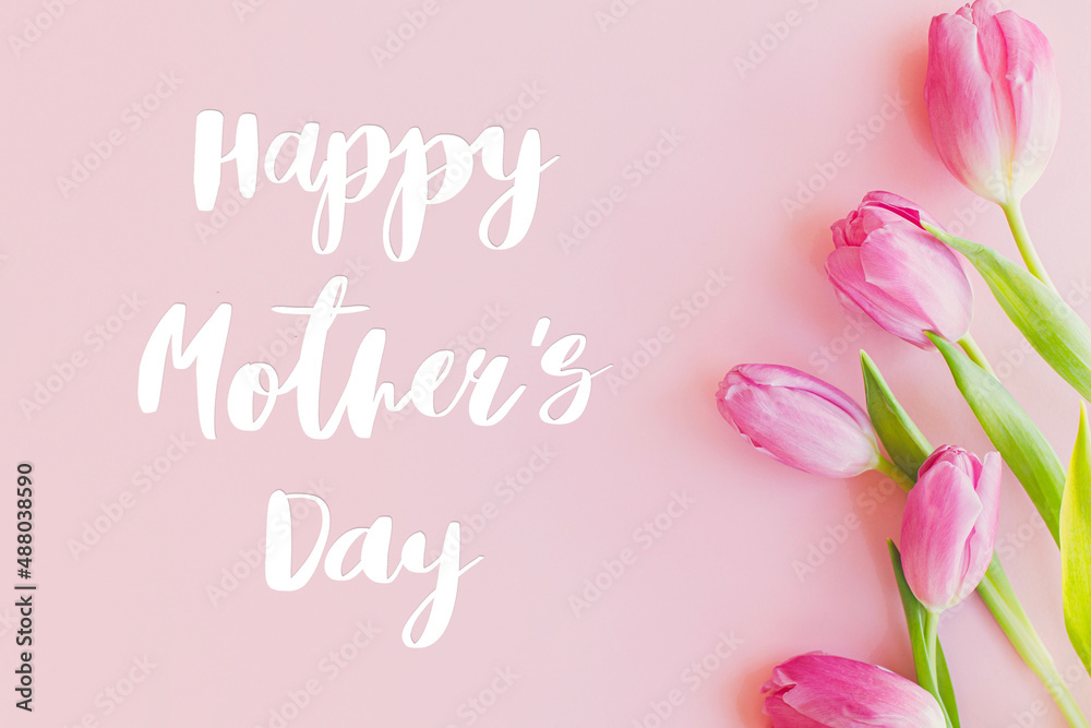 Happy mothers day text on pink tulips flat lay on pink background. Stylish greeting card. Happy Mother's Day, gratitude and love to mom. Handwritten lettering