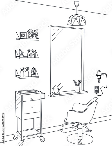 Beauty salon interior , Set of equipment for hairdresser, accessories, equipment, hairdresser, contour, doodle