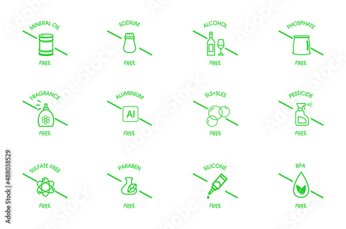 mineral oil, sodium, alcohol-free, phosphate-free, fragrance-free, aluminum-free, sls sles free, pesticides free, sulfate-free, paraben-free, silicon free, BPA free all in vector format
