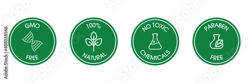 gmo-free, 100% natural, no toxic chemicals, paraben-free icon set vector illustration 