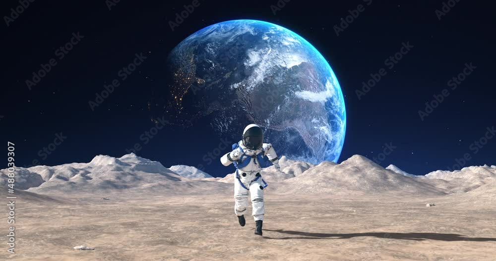 Brave Male Astronaut in Space Suit Confidently Running On Mars. Planet Earth Is Visible In Sky. Slow Motion. Brave Male Astronaut in Space Suit Confidently Running On Mars. Planet Earth Is Visible In Sky. Slow Motion.
