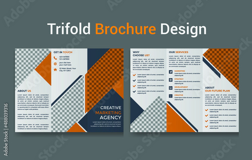 Tri-fold brochure design in modern style with triangular elements. Template for business advertising. Vector Illustration