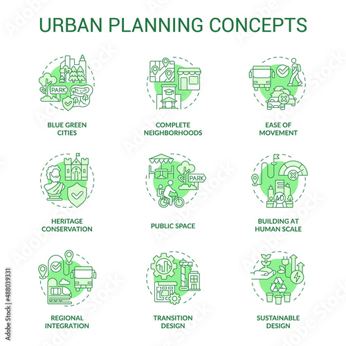 Urban planning green concept icons set. City environment. Town development process idea thin line color illustrations. Isolated symbols. Editable stroke. Roboto-Medium, Myriad Pro-Bold fonts used
