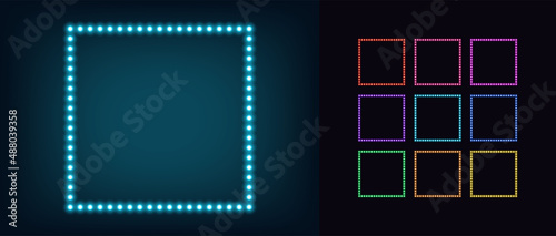 Neon square frame with lamps. Glowing neon box, border set with bulbs