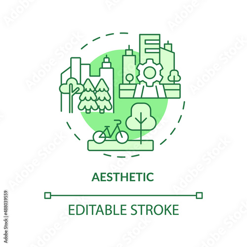 Aesthetic green concept icon. Park recreational zones. Sustainable city design abstract idea thin line illustration. Isolated outline drawing. Editable stroke. Arial, Myriad Pro-Bold fonts used