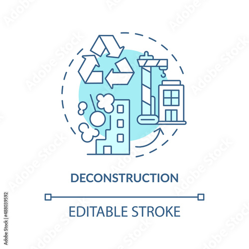 Deconstruction turquoise concept icon. Recycling process. Sustainable city design abstract idea thin line illustration. Isolated outline drawing. Editable stroke. Arial, Myriad Pro-Bold fonts used