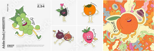 Grape, Blackberries, Persimmon, Fig, Strawberry, Peach. Fruit. Set of vector stickers. Funny characters in doodle style. Hand-drawn cartoon icons with stroke.