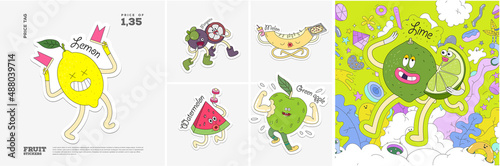 Lemon, Mangosteen, Melon, Watermelon, Green apple, Lime. Fruit. Set of vector stickers. Funny characters in doodle style. Hand-drawn cartoon icons with stroke.