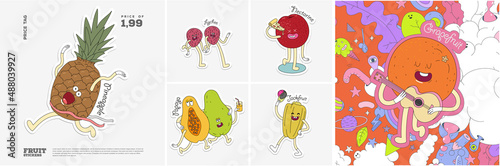 Pineapple, Lychee, Nectarine, Papaya, Jackfruit, Grapefruit. Fruit. Set of vector stickers. Funny characters in doodle style. Hand-drawn cartoon icons with stroke.