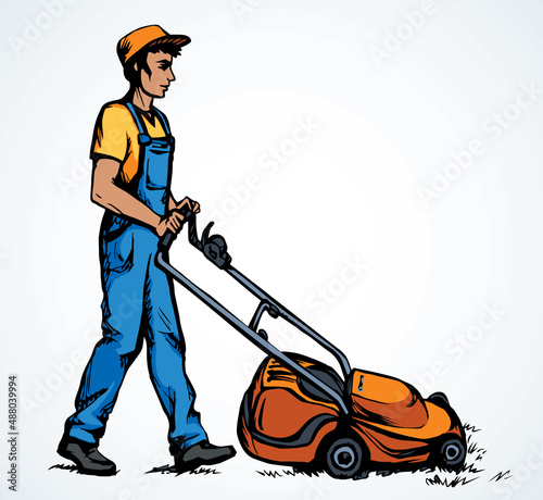 The man mows the grass. Vector drawing