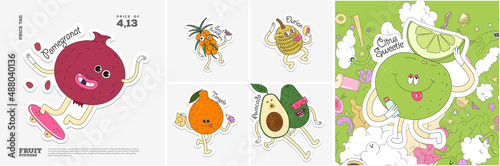 Pomegranate, Sea buckthorn, Durian, Tangelo, Avocado, Sweetie. Fruit. Set of vector stickers. Funny characters in doodle style. Hand-drawn cartoon icons with stroke. photo