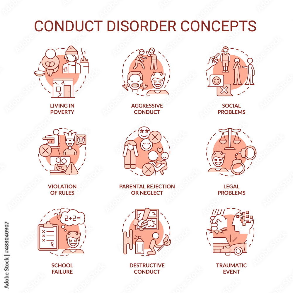 Conduct disorder red concept icons set. Mental health issue. Diagnose and treatment idea thin line color illustrations. Isolated symbols. Editable stroke. Roboto-Medium, Myriad Pro-Bold fonts used