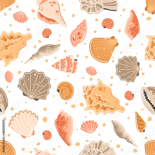 Seamless pattern with multicolored seashells. Vector flat illustration