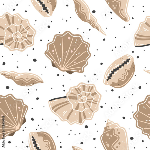 Seamless pattern with brown seashells. Vector flat illustration