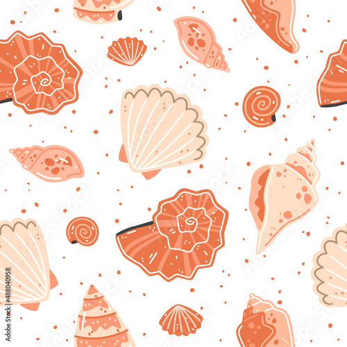 Seamless pattern with pink seashells. Vector flat illustration