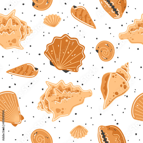 Seamless pattern with yellow seashells. Vector flat illustration