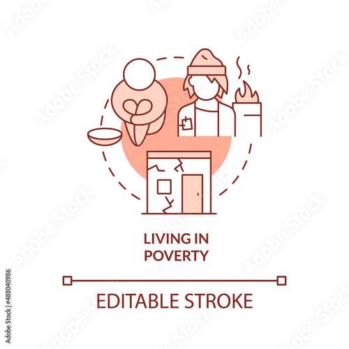 Living in poverty red concept icon. Lack of money and nutrition. Risk factors abstract idea thin line illustration. Isolated outline drawing. Editable stroke. Arial, Myriad Pro-Bold fonts used photo