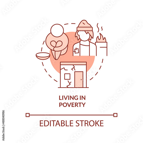 Living in poverty red concept icon. Lack of money and nutrition. Risk factors abstract idea thin line illustration. Isolated outline drawing. Editable stroke. Arial, Myriad Pro-Bold fonts used