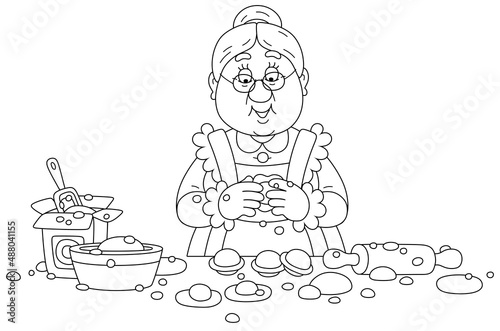 Granny cooking traditional homemade dumplings with dough and minced meat for a home celebration, black and white outline vector cartoon illustration for a coloring book page