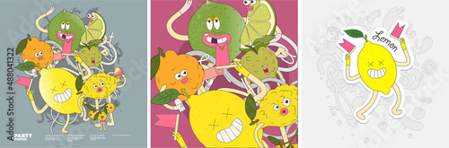 Yuzu, guava, lime, lemon. Fruit Mix.  Set of vector illustrations. Doodle style. Painted, colorful fruit with outlining. Sticker, poster , background image for label.