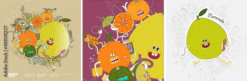 Landsat, pummelo, orange. Fruit Mix.  Set of vector illustrations. Doodle style. Painted, colorful fruit with outlining. Sticker, poster , background image for label. photo