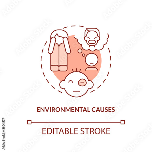 Environmental causes red concept icon. Strass and trauma. Conduct disorder causes abstract idea thin line illustration. Isolated outline drawing. Editable stroke. Arial, Myriad Pro-Bold fonts used