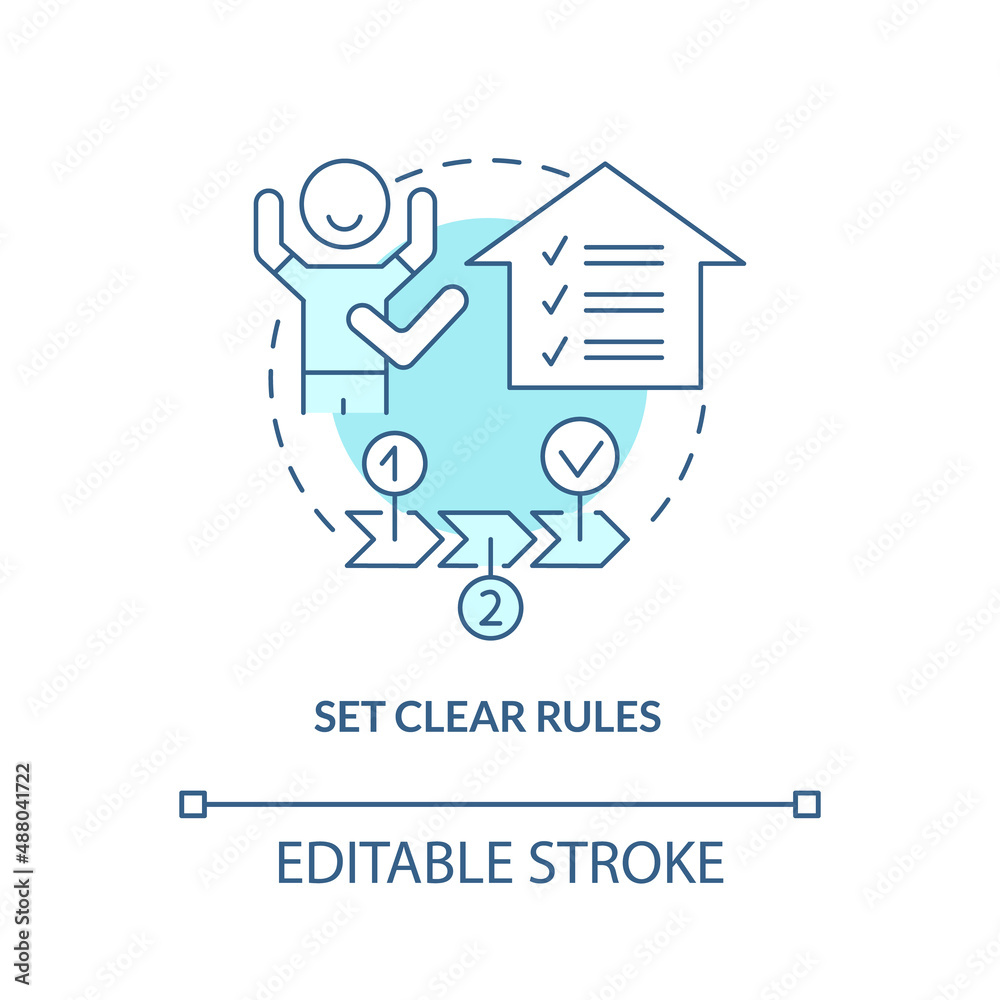 Set clear rules turquoise concept icon. Tips for parents. Conduct disorder abstract idea thin line illustration. Isolated outline drawing. Editable stroke. Arial, Myriad Pro-Bold fonts used