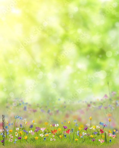 Meadow with many wild flowers in green grass