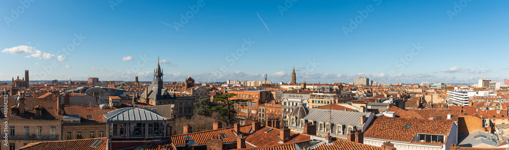 Panorama of the roofs of Toulouse, from the city center, in Haute Garonne, Occitanie, France