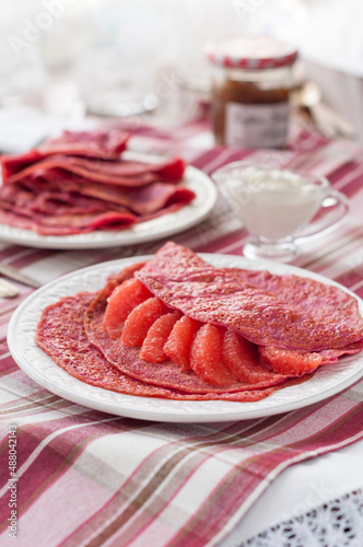 Sweet Pink Beet Pancakes with Pink Grapefruit Segments