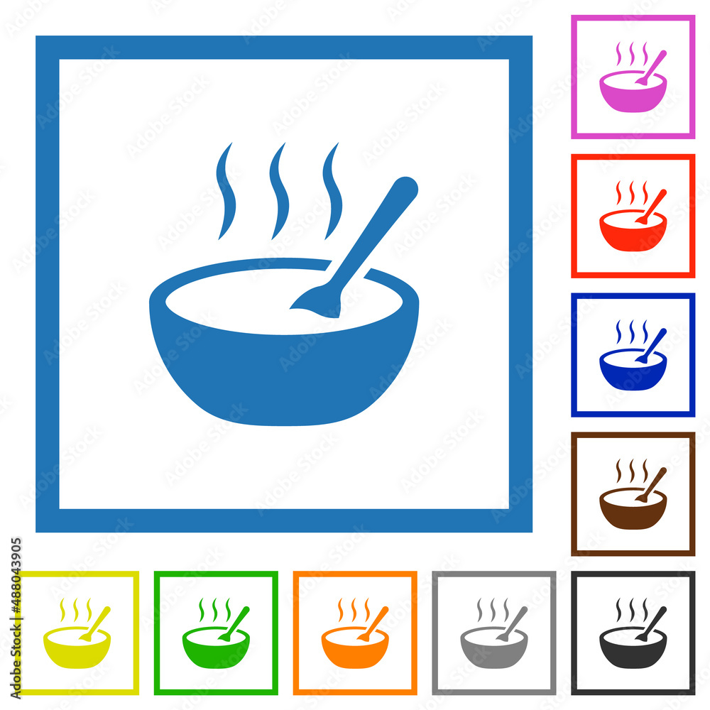 Steaming bowl of soup with spoon flat framed icons