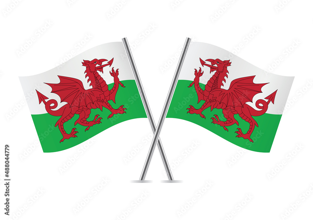 Wales crossed flags. Welsh flags, isolated on white background. Vector icon set. Vector illustration. Wales crossed flags. Welsh flags, isolated on white background. Vector icon set. Vector illustration.