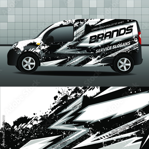 Delivery van vector design. Car design development for the company. Black background with white and gray grunge stripes for car vinyl sticker.

