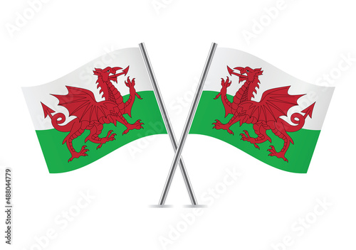 Wales crossed flags. Welsh flags, isolated on white background. Vector icon set. Vector illustration.