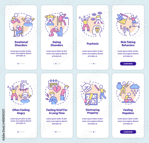 Teen wellbeing onboarding mobile app screen set. Stress-related disorders walkthrough 4 steps graphic instructions pages with linear concepts. UI, UX, GUI template. Myriad Pro-Bold, Regular fonts used