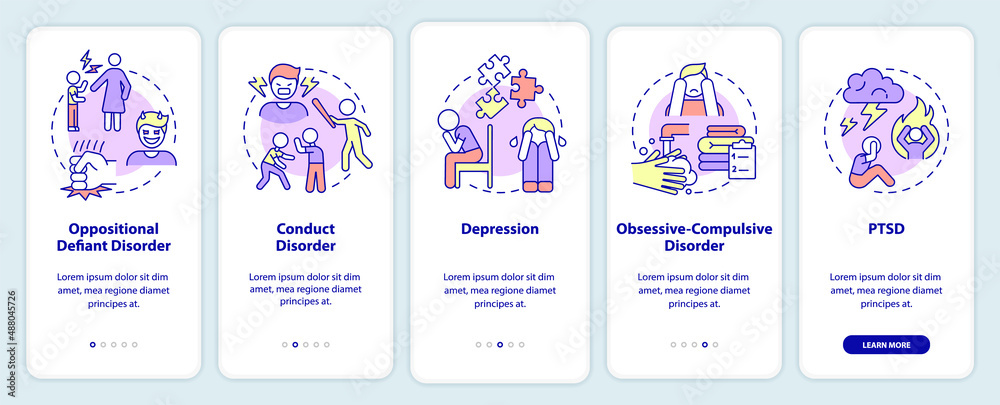Common mental disorders in children onboarding mobile app screen. Walkthrough 5 steps graphic instructions pages with linear concepts. UI, UX, GUI template. Myriad Pro-Bold, Regular fonts used Common mental disorders in children onboarding mobile app screen. Walkthrough 5 steps graphic instructions pages with linear concepts. UI, UX, GUI template. Myriad Pro-Bold, Regular fonts used