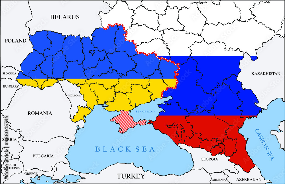 Map showing the military conflict between Ukraine and Russia. Donbass War or East Ukraine Crisis. Map showing the military conflict between Ukraine and Russia. Donbass War or East Ukraine Crisis.