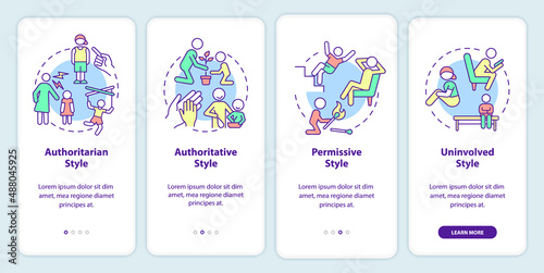 Parenting style and children mental health onboarding mobile app screen. Walkthrough 4 steps graphic instructions pages with linear concepts. UI, UX, GUI template. Myriad Pro-Bold, Regular fonts used