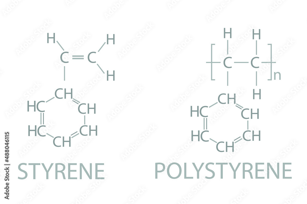Styrene or polystyrene molecular skeletal chemical formula. Styrene or polystyrene molecular skeletal chemical formula.