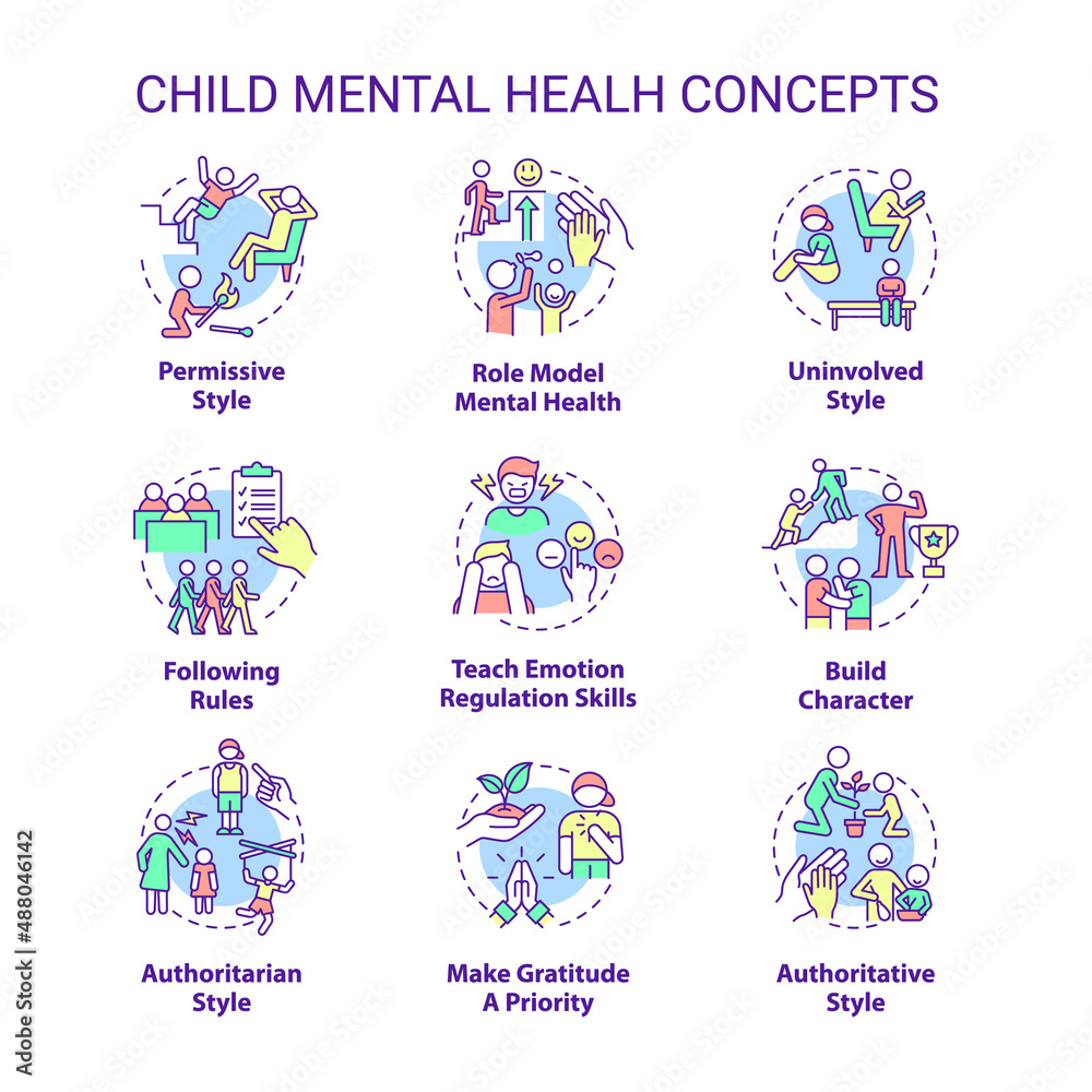 Child mental health concept icons set. Teen emotional health idea thin line color illustrations. Parenting styles. Isolated symbols. Editable stroke. Roboto-Medium, Myriad Pro-Bold fonts used