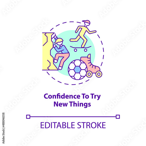 Confidence to try new things concept icon. Healthy child development sign abstract idea thin line illustration. Isolated outline drawing. Editable stroke. Arial, Myriad Pro-Bold fonts used