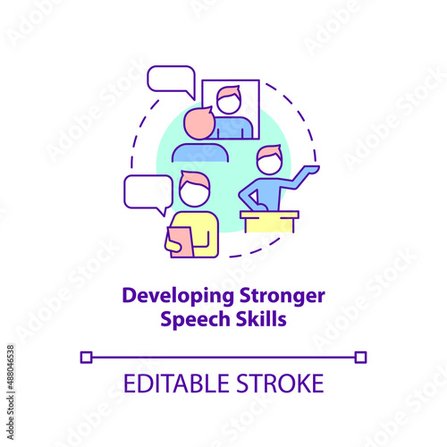 Developing stronger speech skills concept icon. Successful child development sign abstract idea thin line illustration. Isolated outline drawing. Editable stroke. Arial, Myriad Pro-Bold fonts used