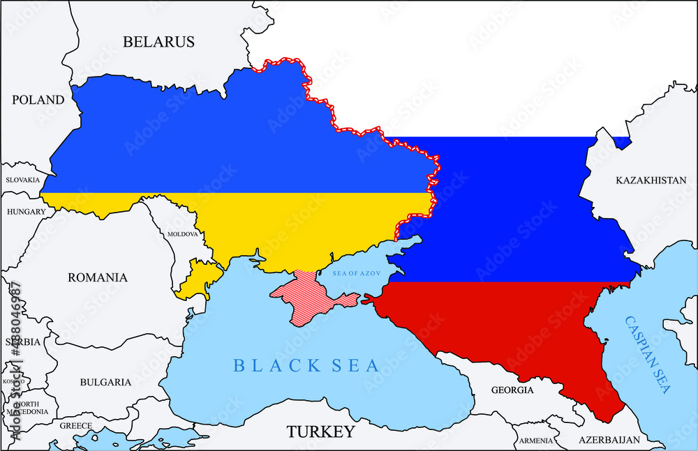 Map showing the military conflict between Ukraine and Russia. Donbass War or East Ukraine Crisis. Map showing the military conflict between Ukraine and Russia. Donbass War or East Ukraine Crisis.