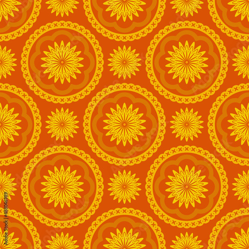 Chrysanthemum floral seamless pattern. Ornamental folk illustration print